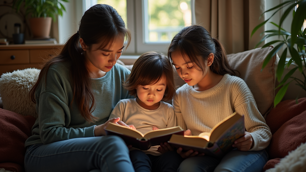 High angle view of family members reading books together in a cozy nook