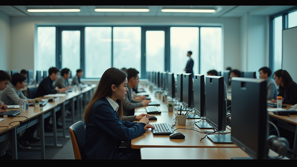Wide angle view of a classroom filled with computers and students studying