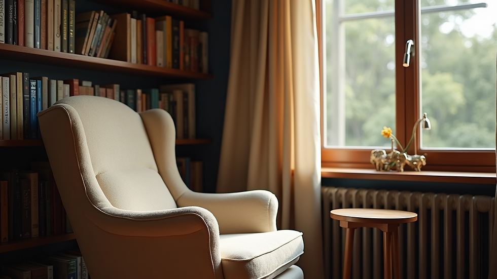 Close-up view of a cozy room with a bookshelf and a plush chair