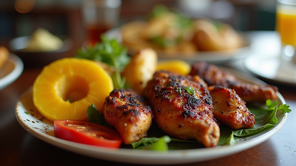 Eye-level view of a colorful Caribbean platter with jerk chicken and plantains