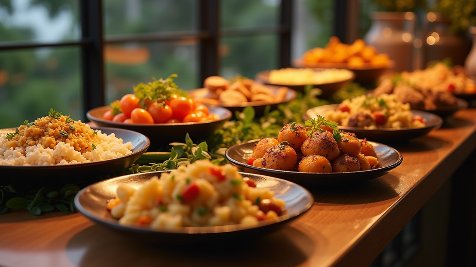 High angle view of a Caribbean food buffet with various dishes