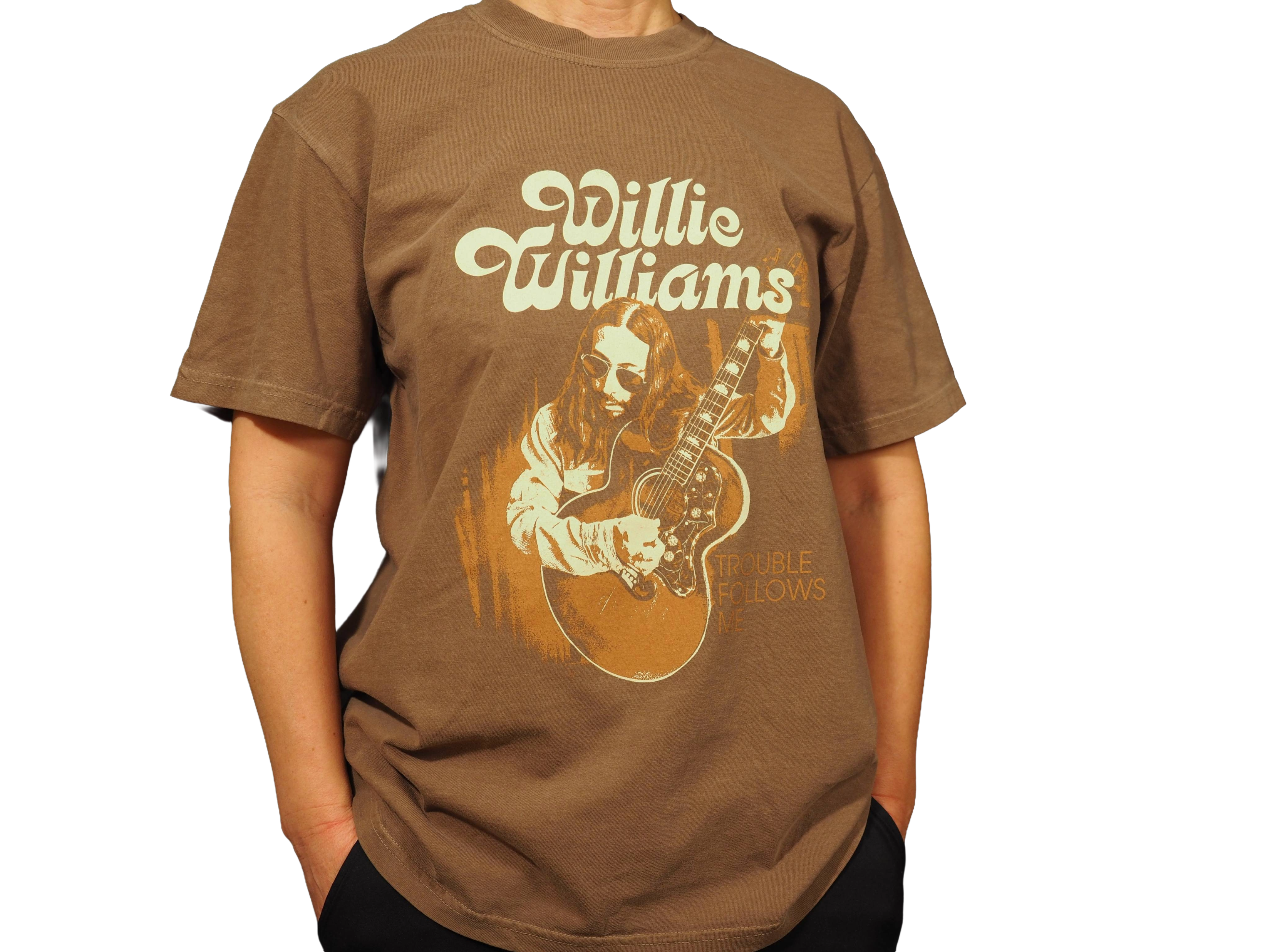 TROUBLE FOLLOWS ME T-SHIRT :: Available in two colors: Espresso and Ivory