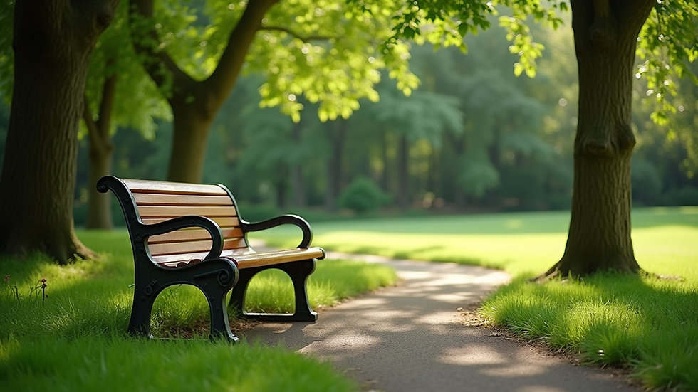 High angle view of a peaceful park bench surrounded by greenery