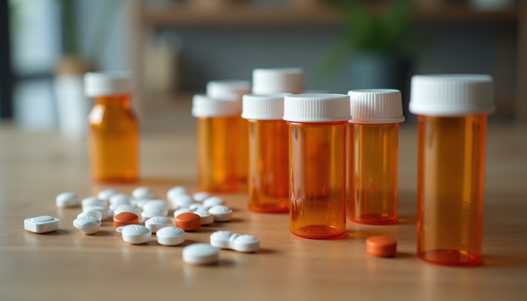 Eye-level view of a variety of prescription pill bottles on a wooden table