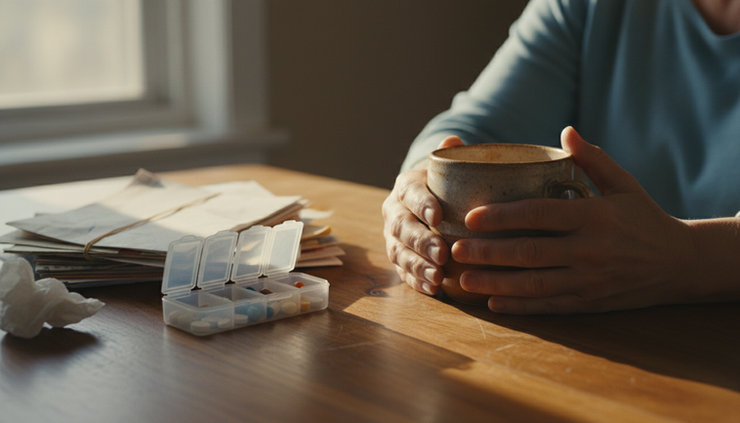 Close-up of two hands holding a warm mug at a kitchen table.