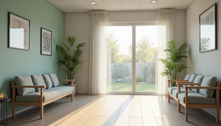 High angle view of a mental health clinic waiting area with calming decor