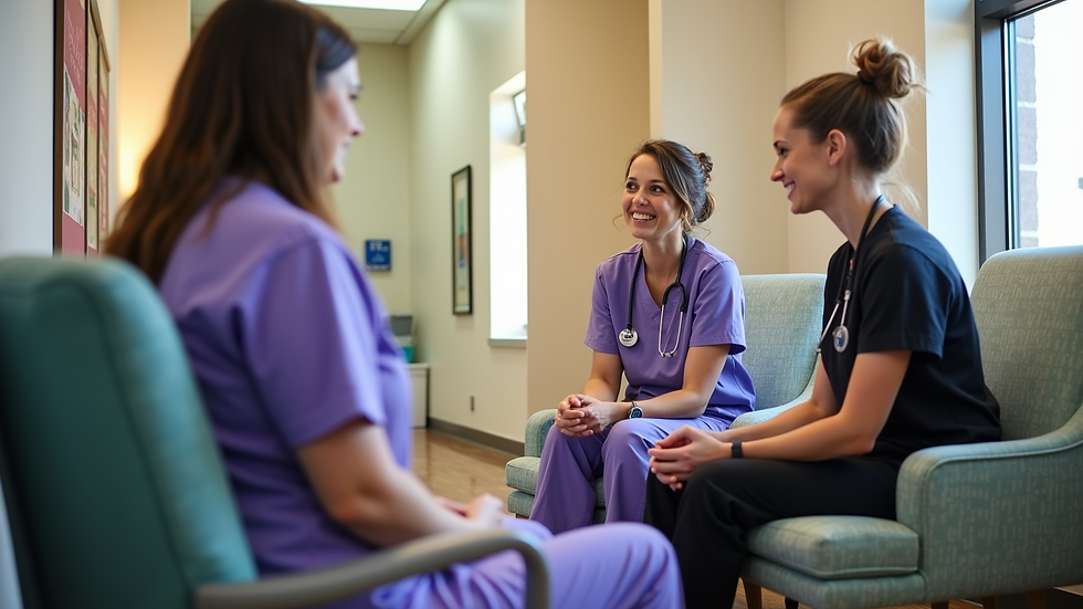 Eye-level view of a therapist's office with a comfortable chair and soft lighting