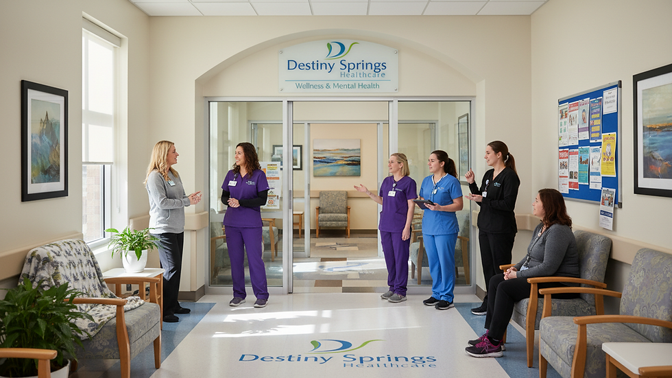 Close-up view of a hospital corridor leading to therapy rooms
