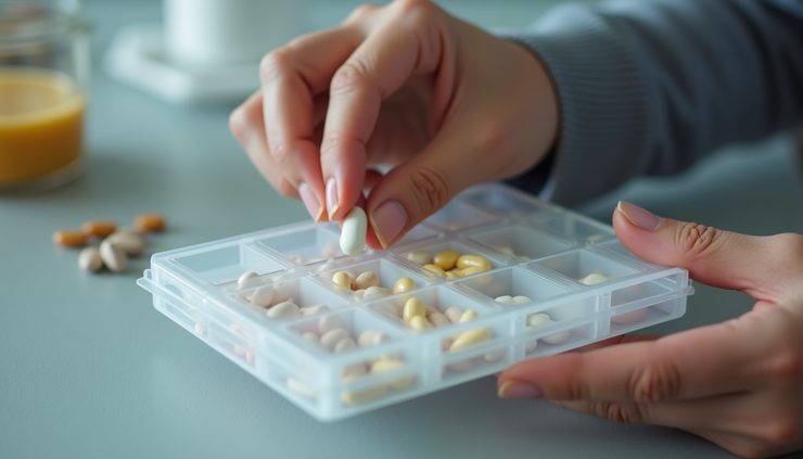 Close-up view of a person holding a pill organizer with daily medication