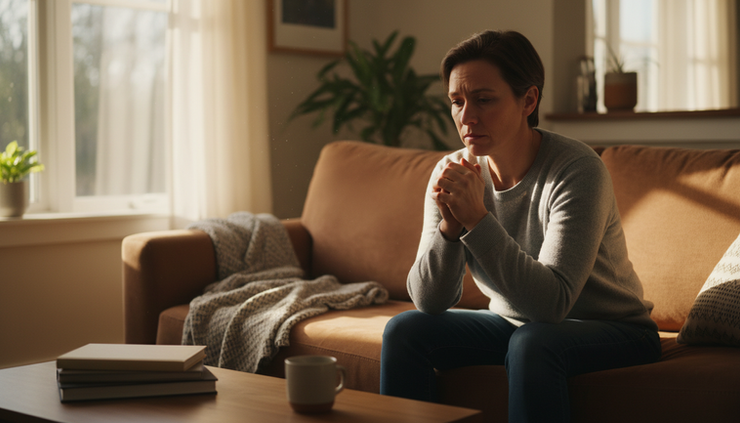 Eye-level view of a person sitting alone on a couch in soft evening light.