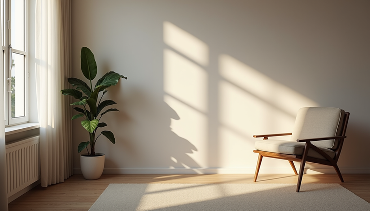 Eye-level view of a quiet living room with a single chair and soft lighting