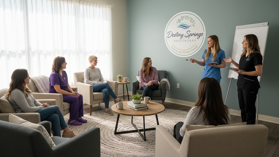 Eye-level view of a calm therapy room with comfortable chairs and soft lighting