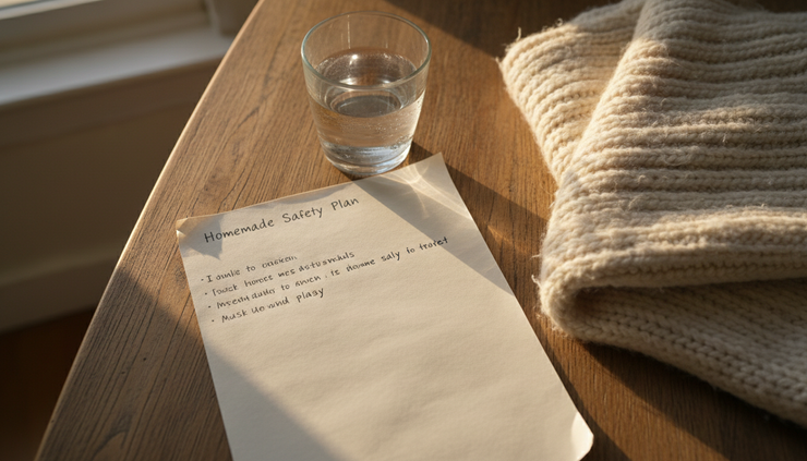 Overhead view of a handwritten safety plan beside a glass of water.