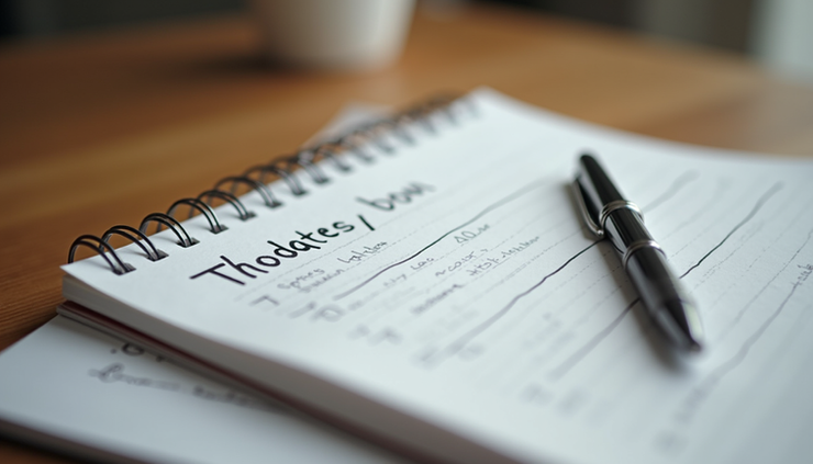 Close-up view of a notebook with therapy notes and a pen on a wooden table