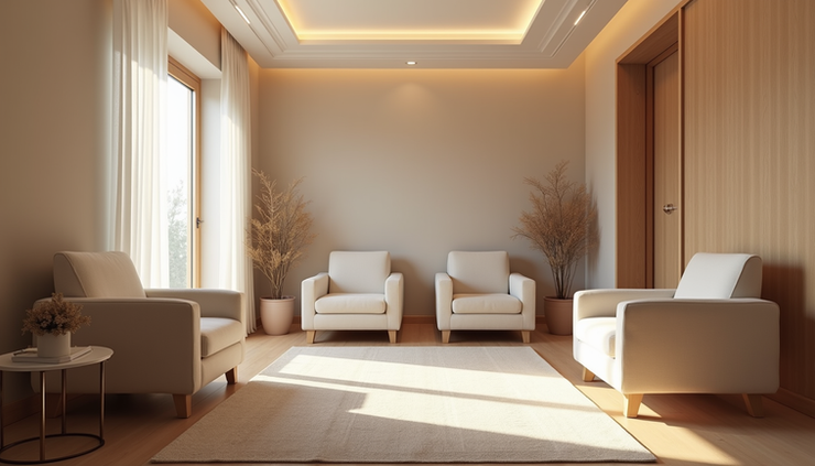 High angle view of a calm therapy room with comfortable chairs and soft lighting