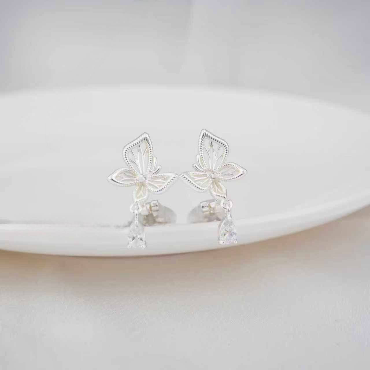 925 Sterling Silver Butterfly Drop Earrings — Delicate Dangle Studs