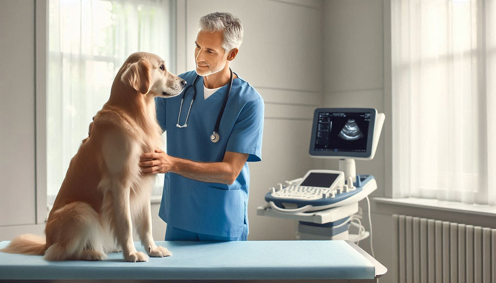 A compassionate mature male veterinarian in crisp blue scrubs stands beside a visiting tab