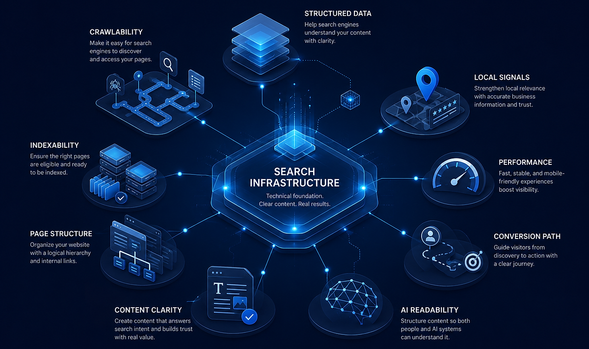 rofessional SEO infrastructure illustration showing crawlability, indexability, structured data, local signals, performance, content clarity, AI readability, and conversion paths.