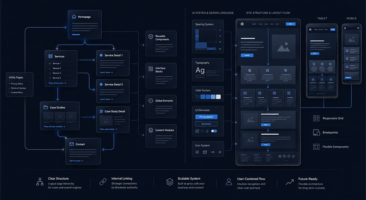 Website information architecture and frontend implementation diagram showing page hierarchy, internal linking, reusable components, responsive layouts, and device-specific interface behavior.