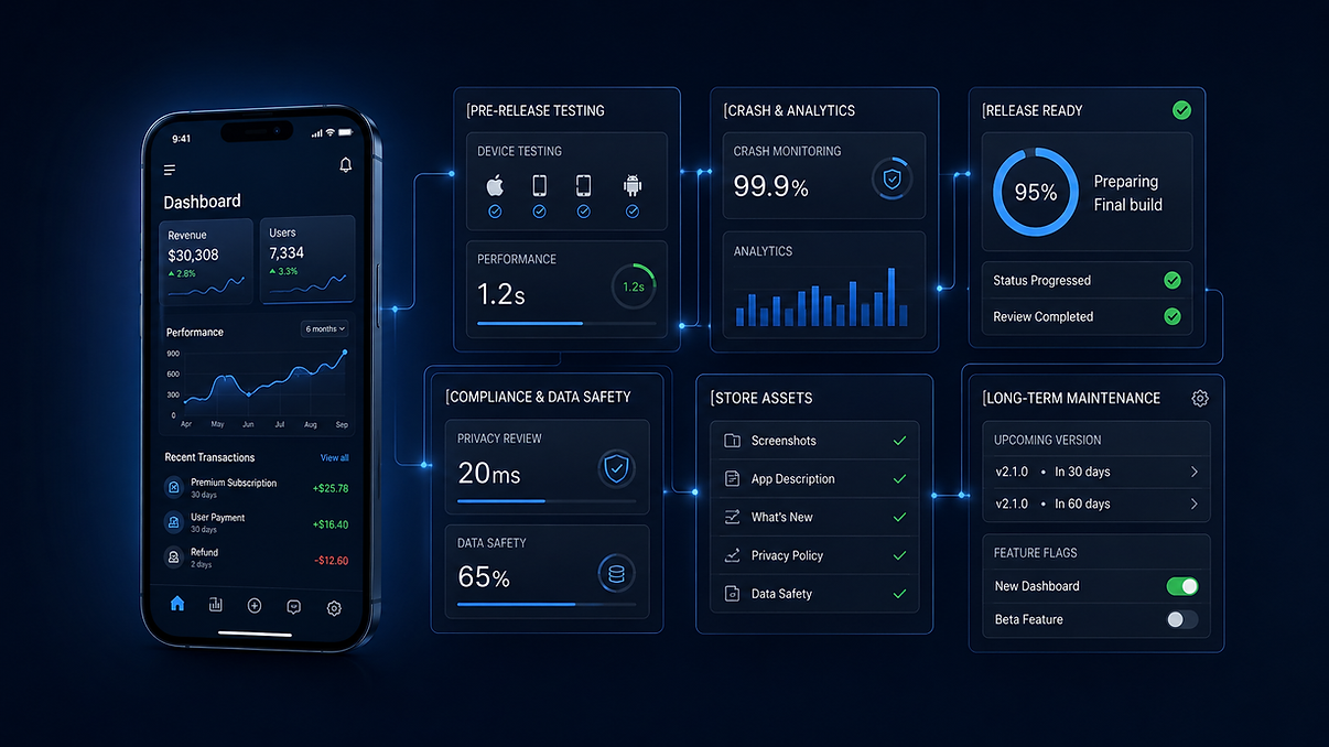 Mobile app launch readiness dashboard with testing, analytics, data safety, store assets and maintenance planning