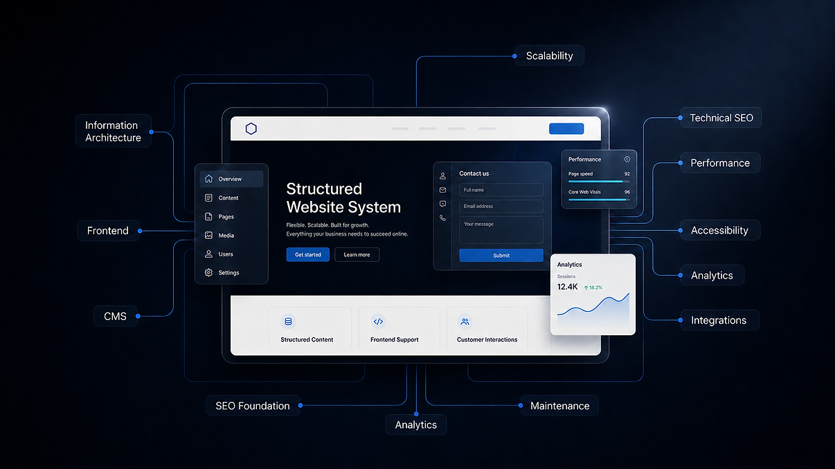 Structured website system showing information architecture, frontend, CMS, technical SEO, performance, accessibility, analytics, integrations, and maintenance layers for professional website design and development.