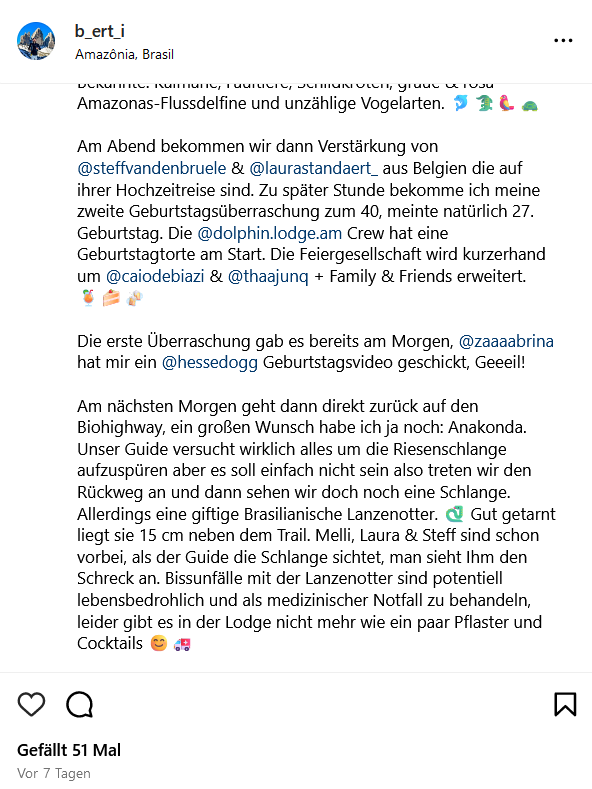 Florians Instagram-Post zum Thema Schlangen im Amazonas, Brasilien