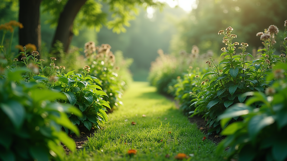 Eye-level view of a lush green garden with diverse plants