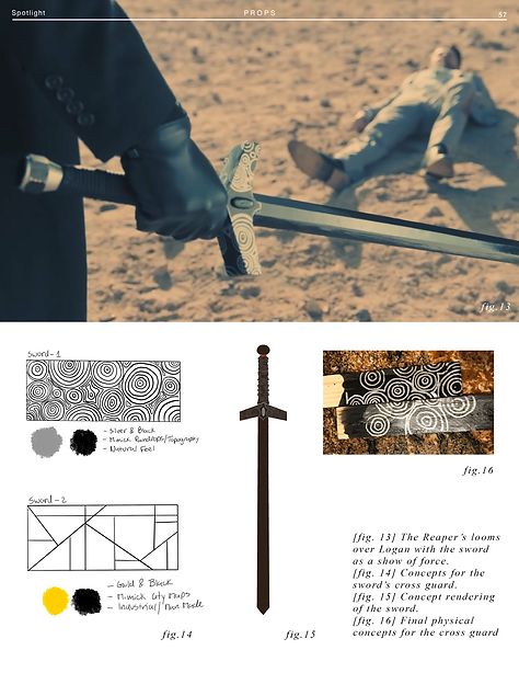 Image of the reaper holding his sword in front of Logan laying in the background. Underneath are concept drawings for the sword and hilt patterns. 