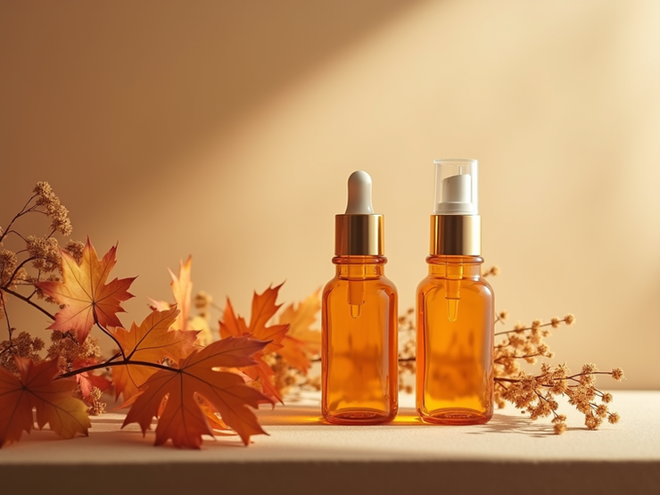 Autumn skincare serum and botanicals still life