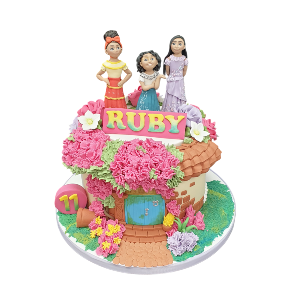 Bespoke Encanto-themed cake with vibrant colors and character toppers, crafted in Solihull, West Midlands.
