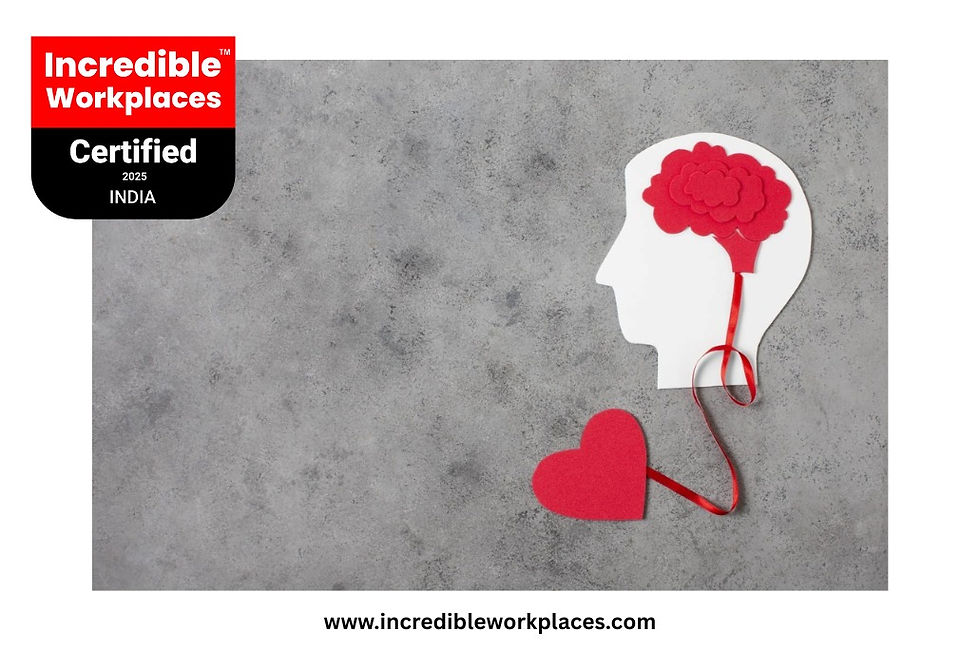Silhouette with red brain and heart on gray background, linked by ribbon. Top left: "Incredible Workplaces Certified 2025 INDIA".