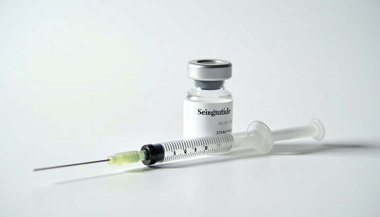 Eye-level view of a medication vial labeled semaglutide with a syringe on a white surface