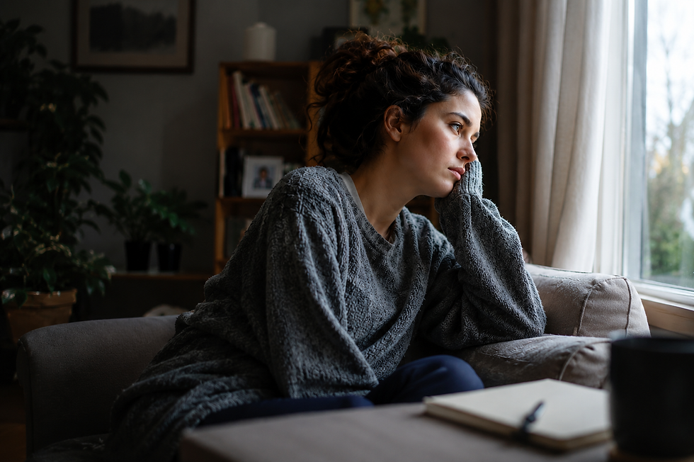 Thoughtful woman sitting on a couch beside a window in a softly lit living room, looking outside with a reflective expression. The moody, cinematic scene conveys emotional introspection, mental fatigue, and the psychological impact sometimes associated with GLP-1 weight loss medications, including changes in mood, reward pathways, and emotional processing.
