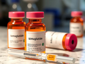 Semaglutide medication vial sitting upright on a clean countertop, labeled injection solution for weight loss or diabetes management, with a neutral indoor background and soft natural lighting.