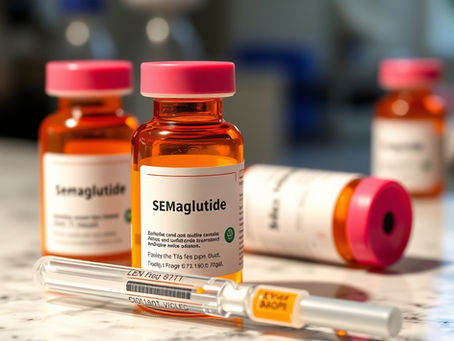 Semaglutide medication vial sitting upright on a clean countertop, labeled injection solution for weight loss or diabetes management, with a neutral indoor background and soft natural lighting.