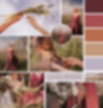 Moodboard mariage bohĆØme et champĆŖtre avec robes longues rose violine, tresses, bouquets de fleurs blanches et palette de couleurs naturelles, par fleursdeprestige.fr