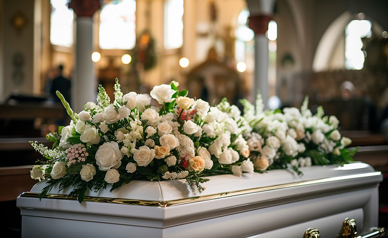 Un cercueil richement décoré de fleurs, placé avec soin dans le cadre sacré d'une église.