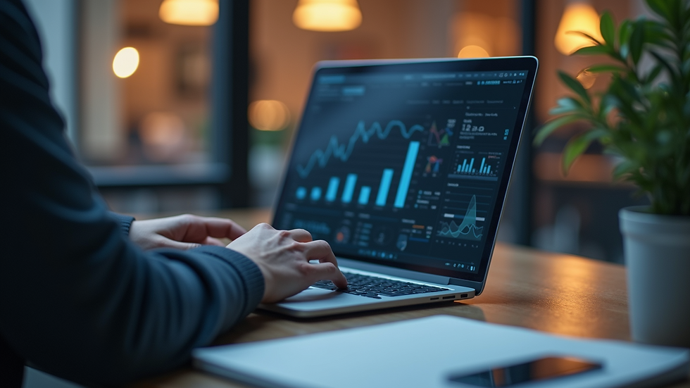 Close-up view of a person working on a laptop with business analytics on screen