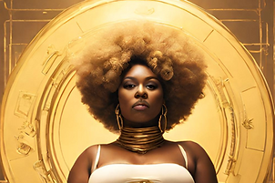 A woman with a blonde afro is sitting in front of a golden disk. She has a no nonsense facial expression.