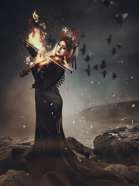 Fantasy portrait of a woman conjuring fire, dramatic creative composite photography