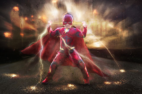 Superhero-inspired fine art composite portrait with dramatic lighting and digital effects