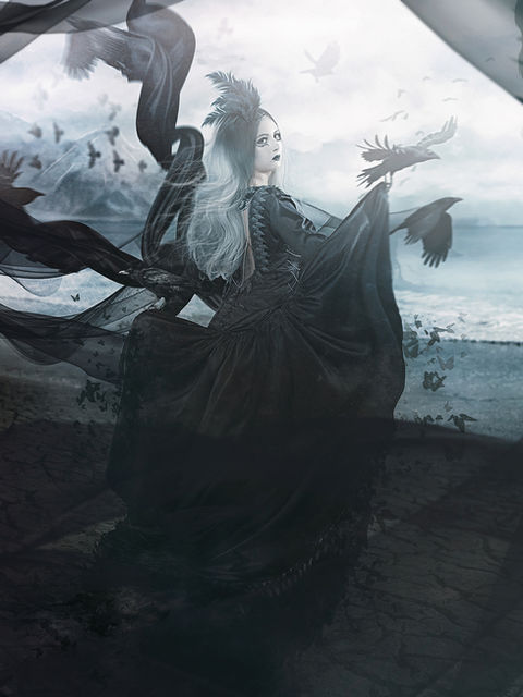 High-concept fine art composite with flowing fabric and dramatic movement in a coastal scene