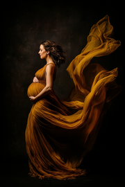 Pregnant woman posed in flowing fabric against a dark studio background