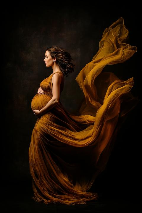 pregnant woman in flowing golden fabric dramatic Bristol maternity photoshoot