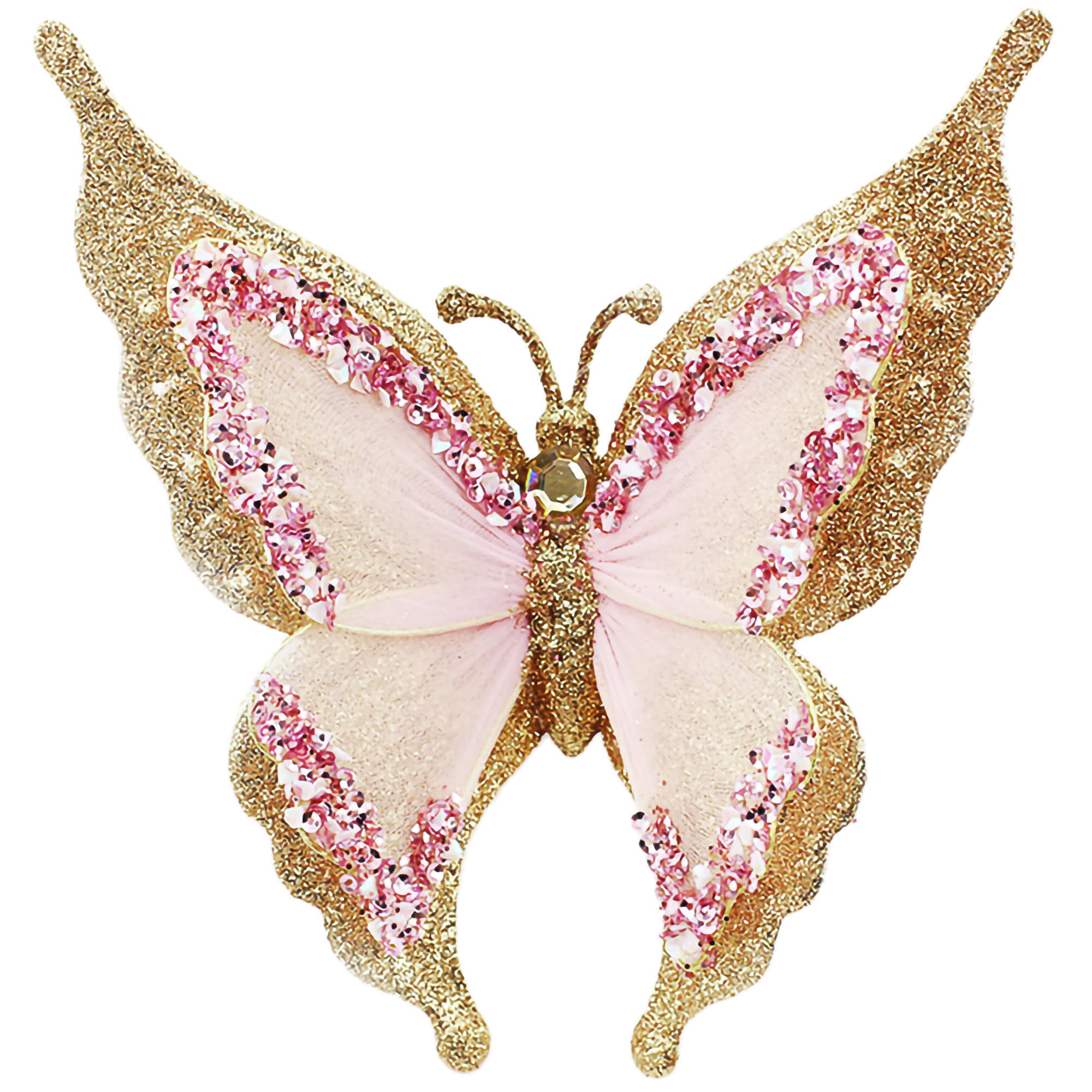 Pink and Gold Glitter and Sheer Butterfly Christmas Decorative Clip On Ornament