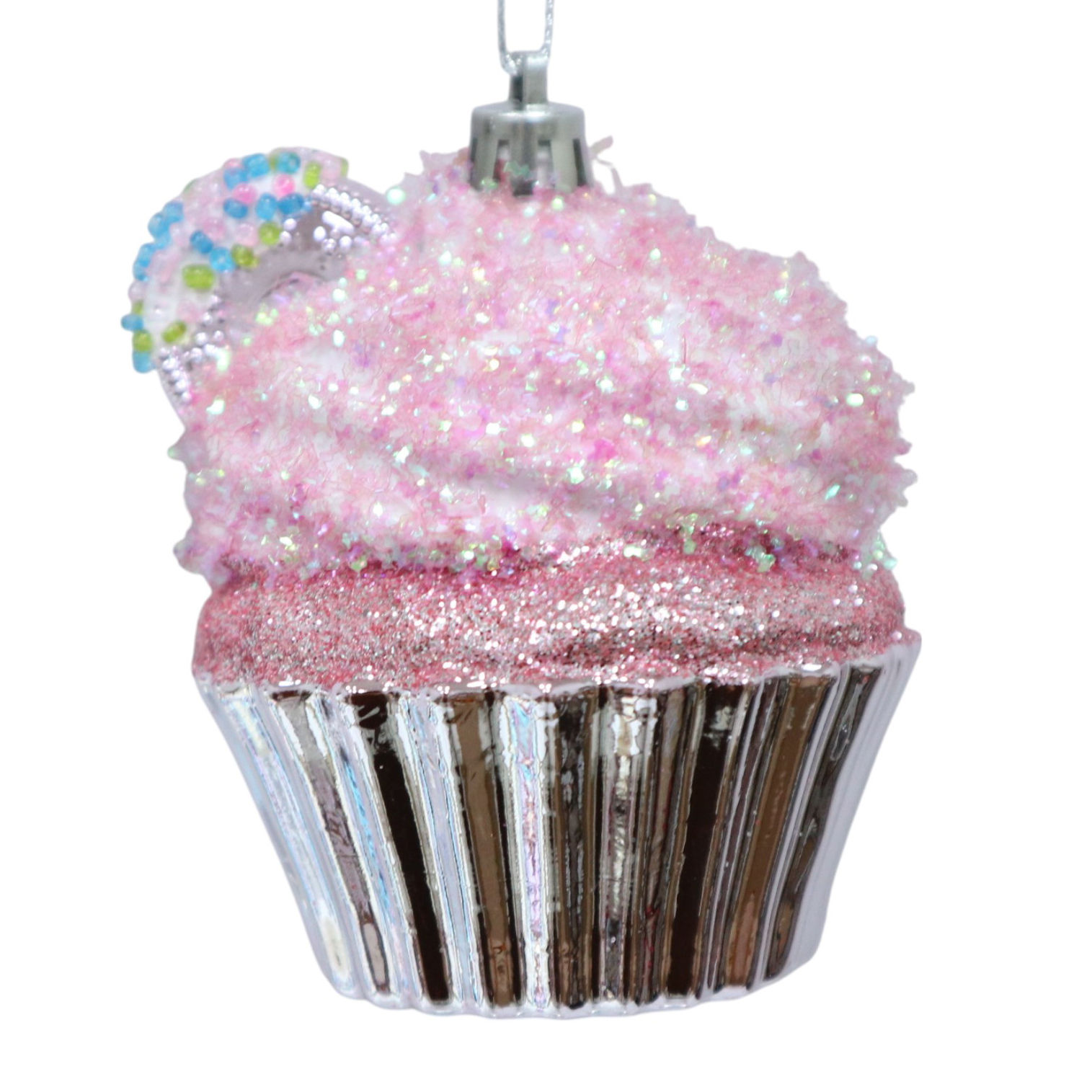 Metallic Pink Tinsel Cupcake Decorative Ornament