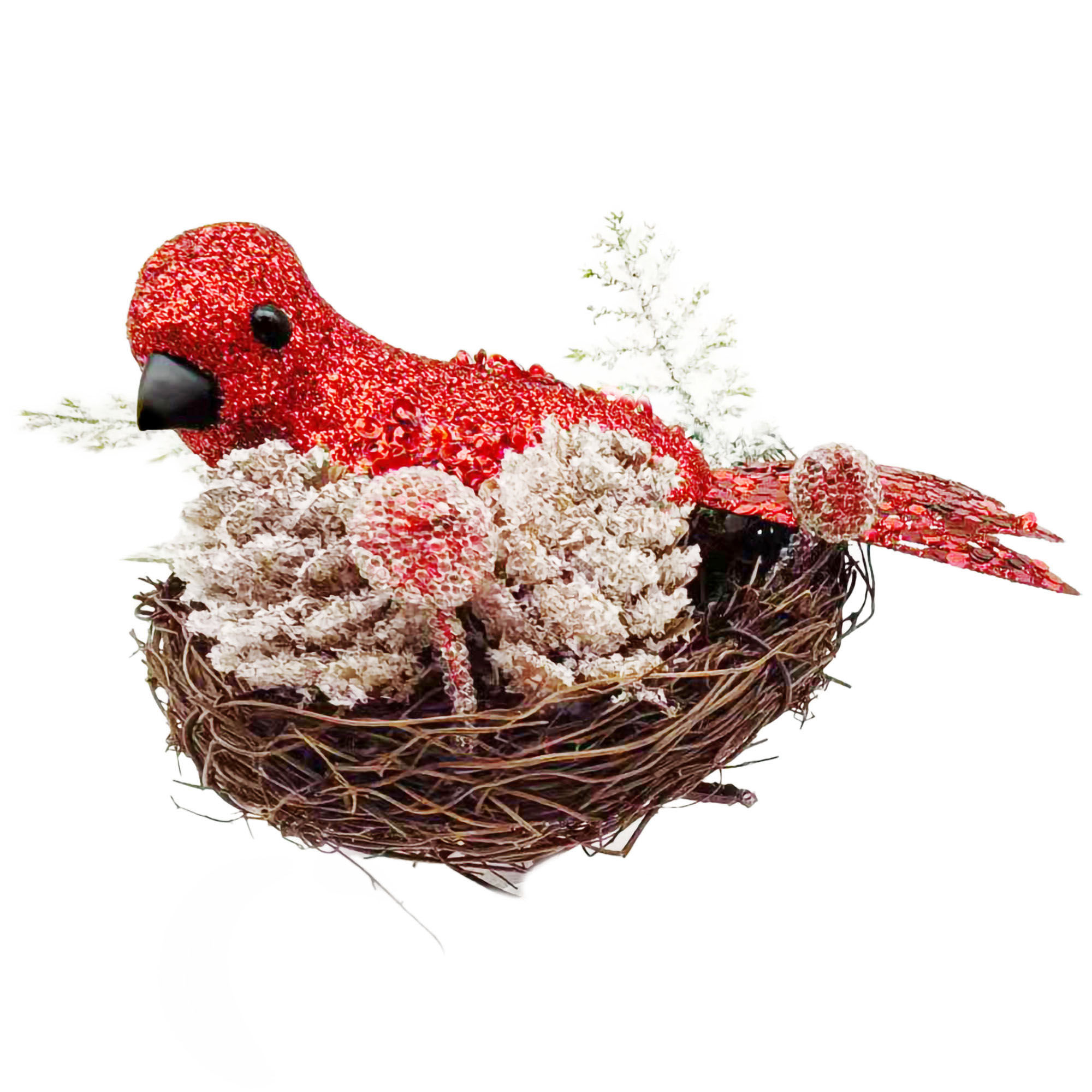 Red Glitter Cardinal Bird in Nest Christmas Decorative Clip-On Ornament