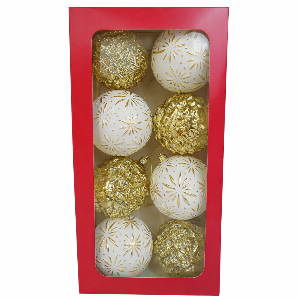 8pcs 90mm Gold Mercury Pinecone & White-Washed Gold Christmas Balls Ornament Set