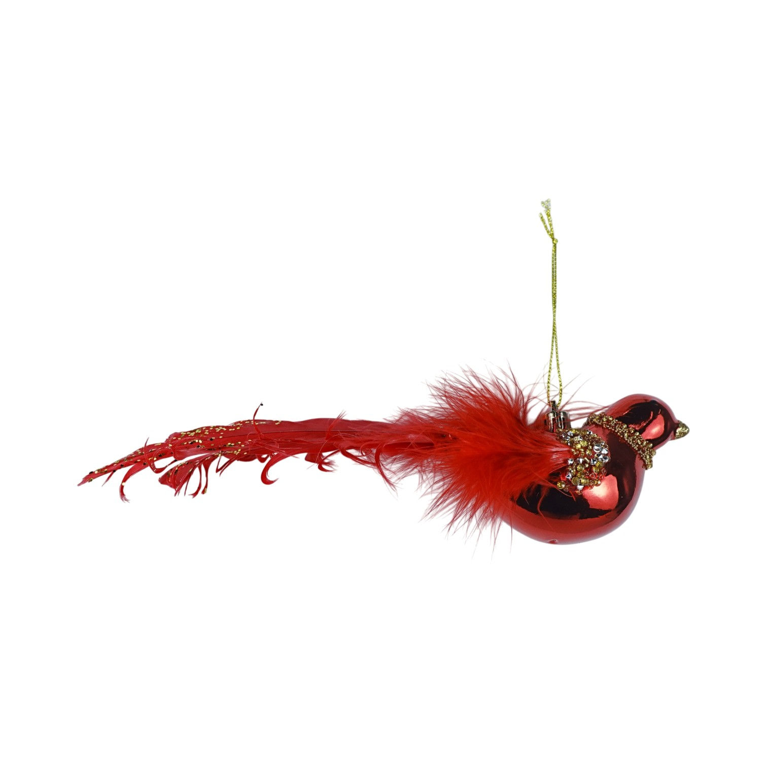 Metallic Red Fluffy Feather Bird Hanging Ornament, 2.8"