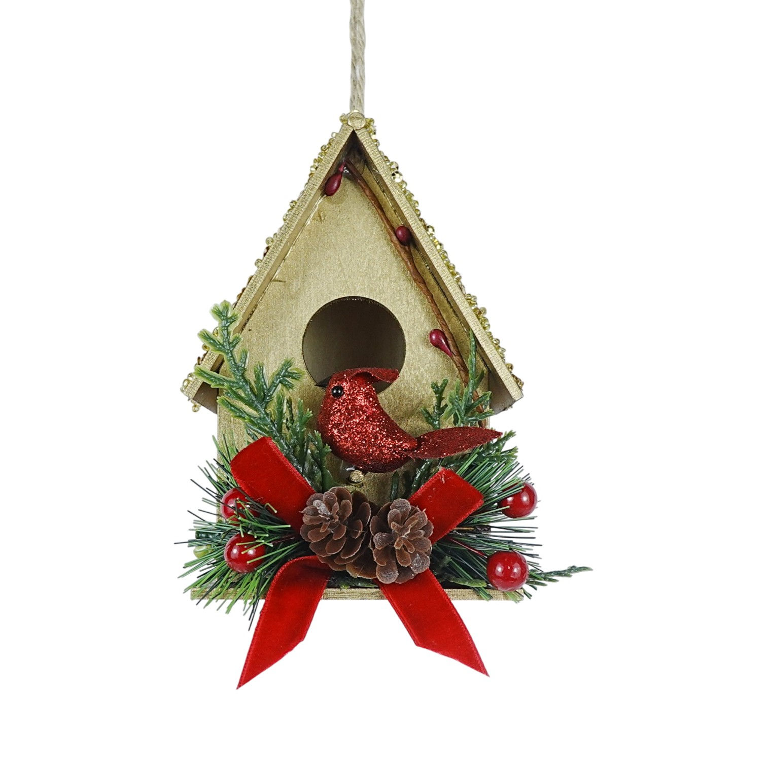 Rustic Wooden Cardinal Birdhouse Hanging Ornament, 4.9"